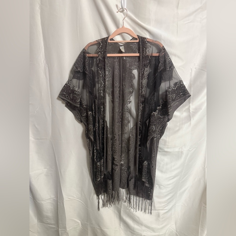 One Size | Sheer black, gray & silver overlay piece with fringe